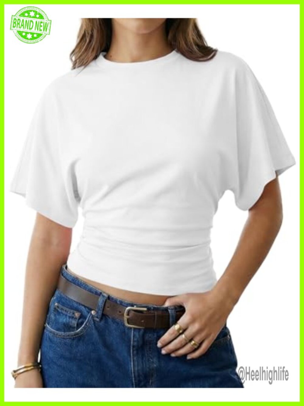 Cotton Ruched Cinched Waist Crop Tee Short Sleeve Y2K Clean Fit Top